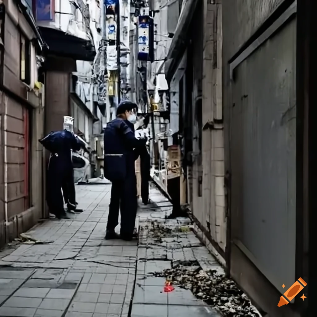 investigators examining a crime scene in a Tokyo alley