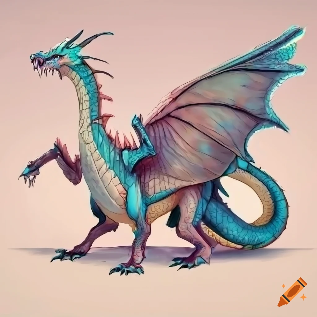 detailed side view illustration of a dragon with wings and four legs