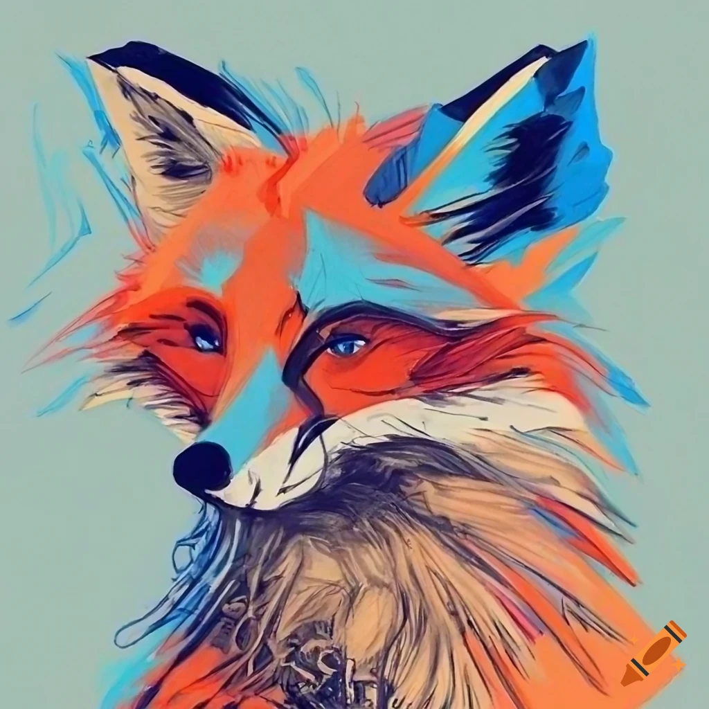 expressionist drawing of a fox in red, black, and blue