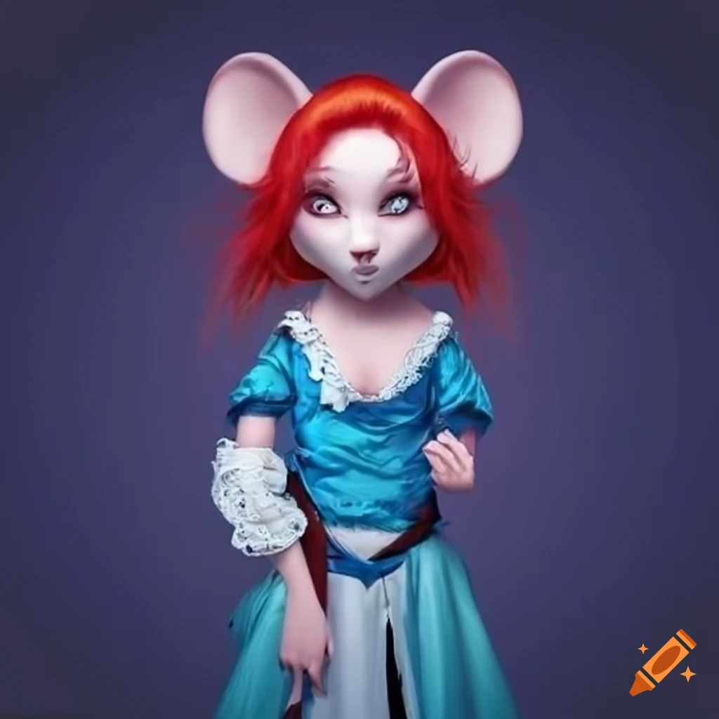 illustration of a white furred mouse girl with red hair and pirate attire