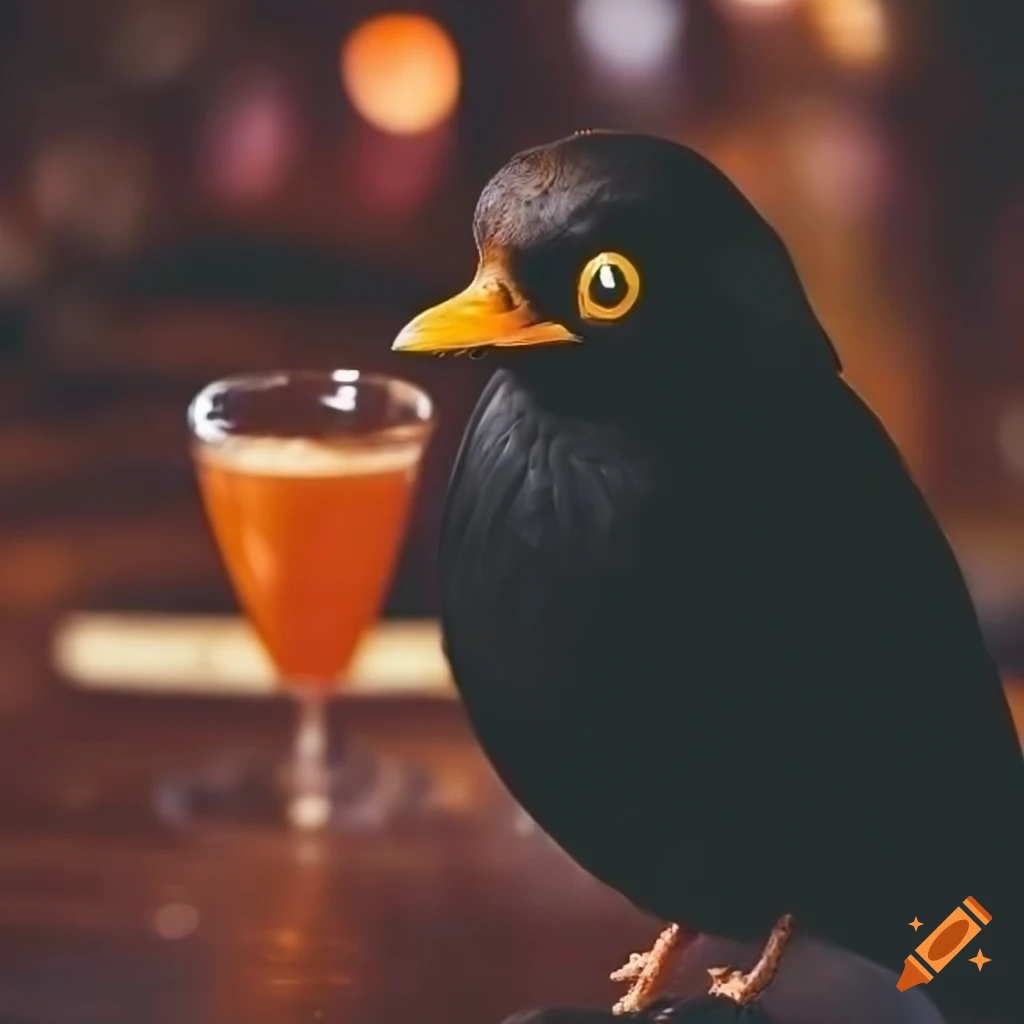 blackbird enjoying a drink in a pub