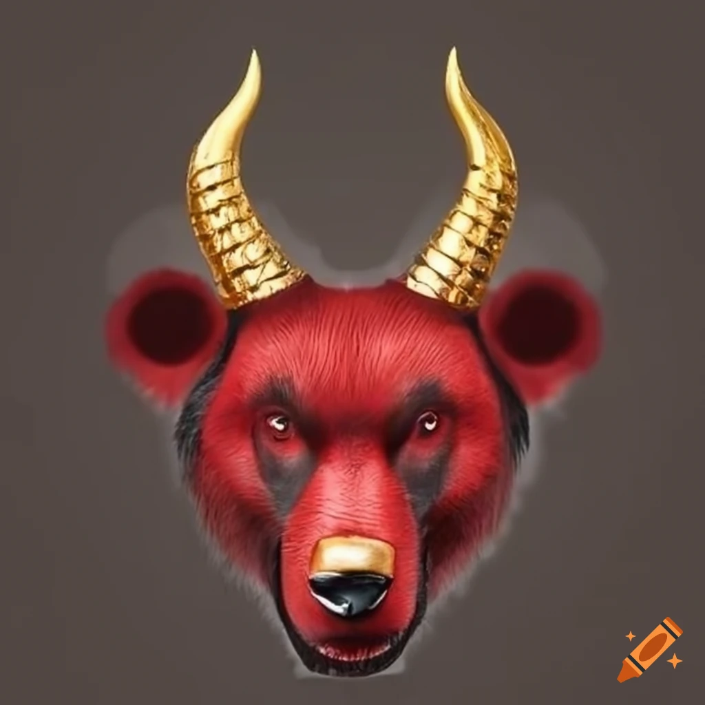 artistic depiction of a bear with red, black, and gold colors and horns