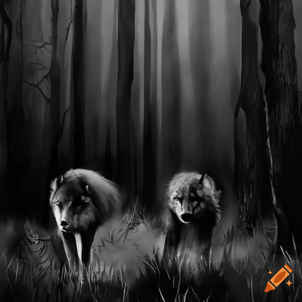black and white painting of wolves stalking in a forest
