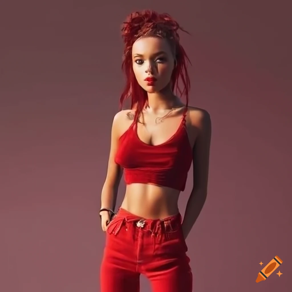 stylish outfit with red skinny jeans and a crop top
