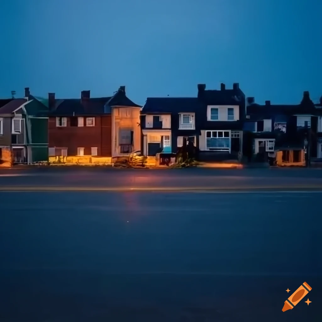 blue sunset over a neighborhood with houses and road