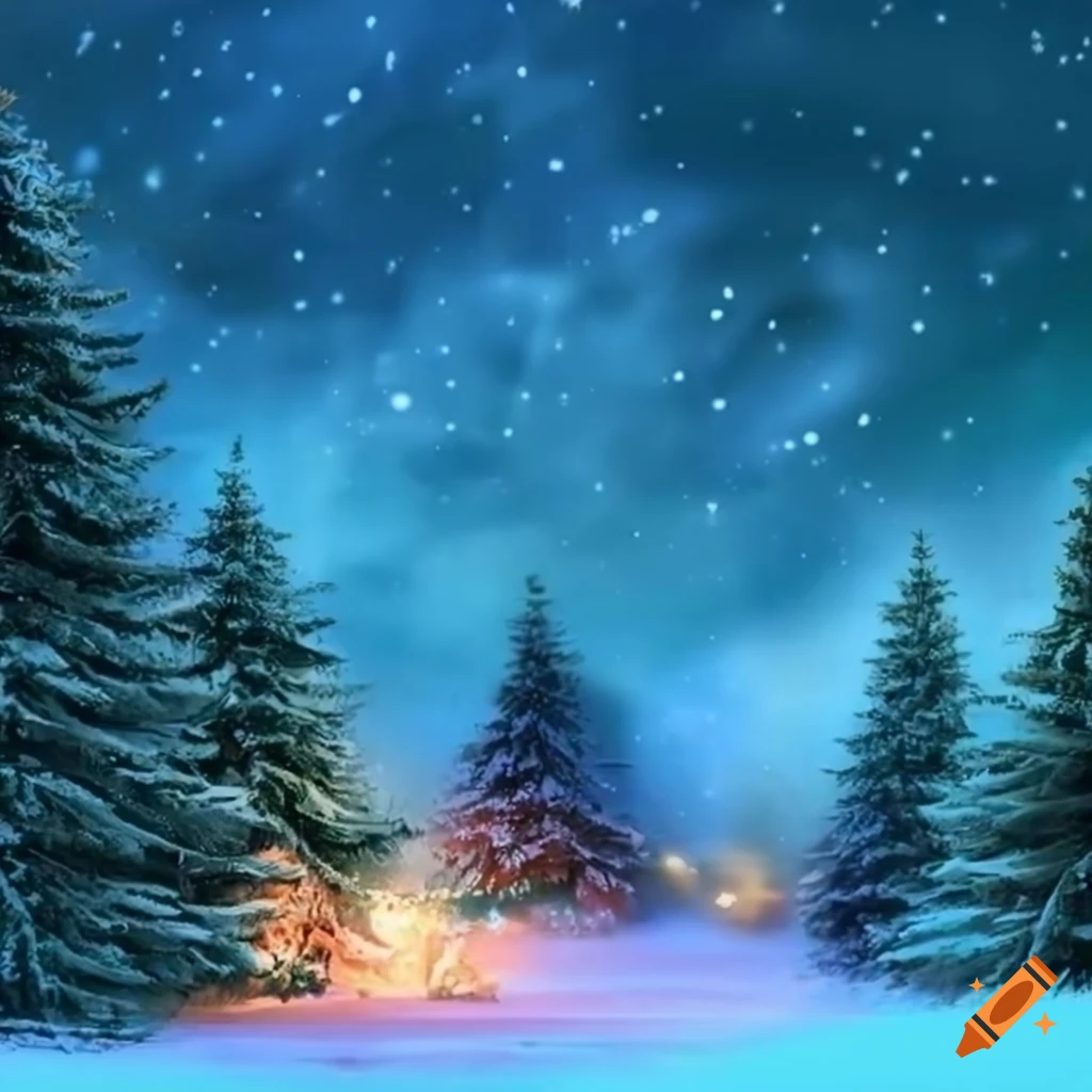 peaceful village scene with pine trees in Christmas