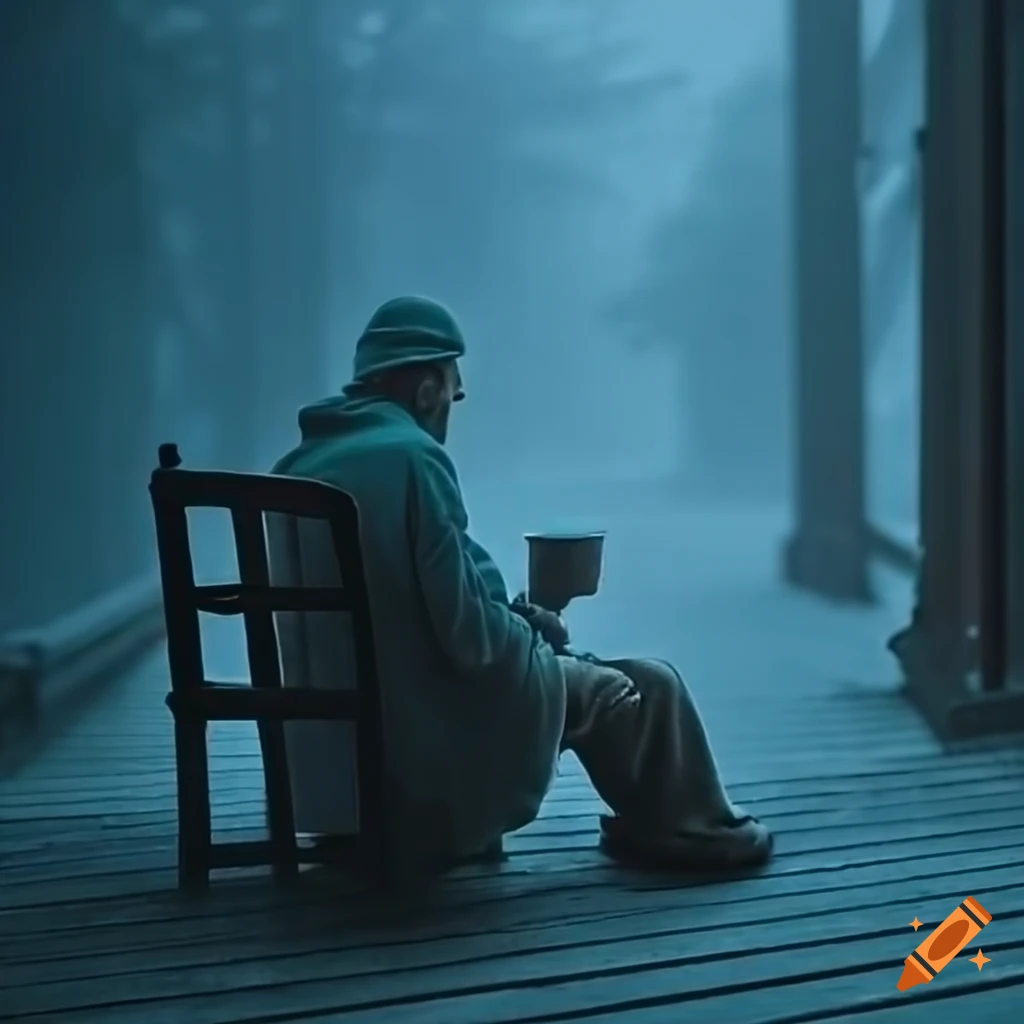 man sitting on a porch in dense fog
