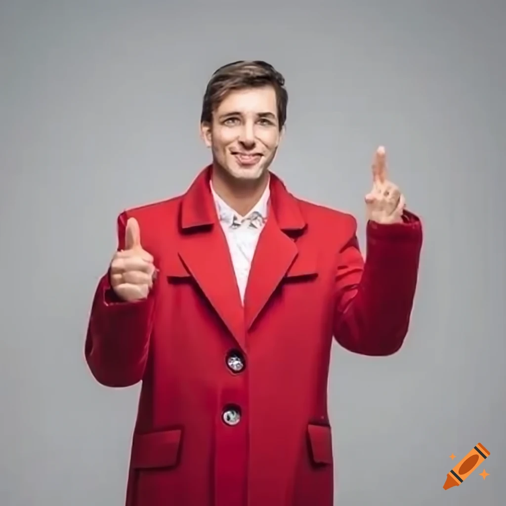 confident man giving a speech in a red coat