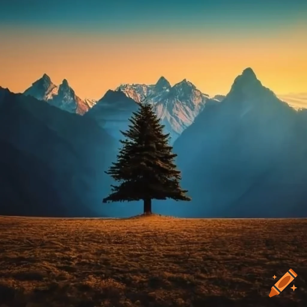 A single tree in a square in front of majestic mountains on Craiyon