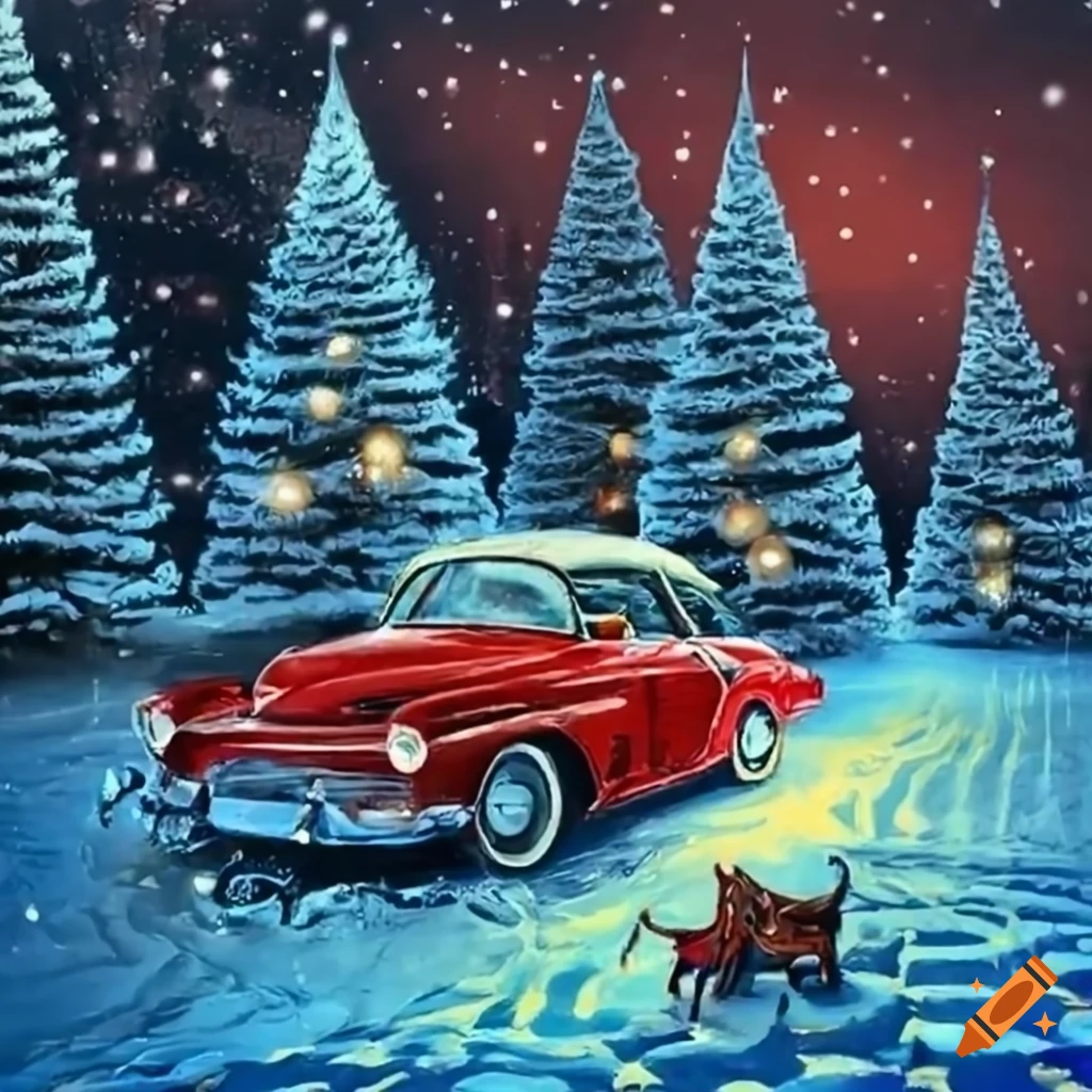vintage Christmas landscape with car and tree