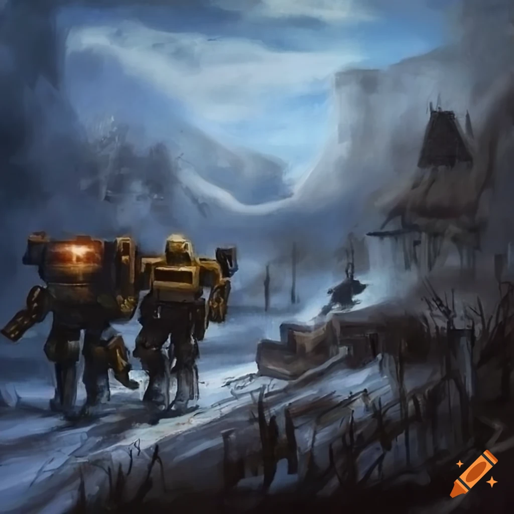oil painting of a mech battle in a snowy village