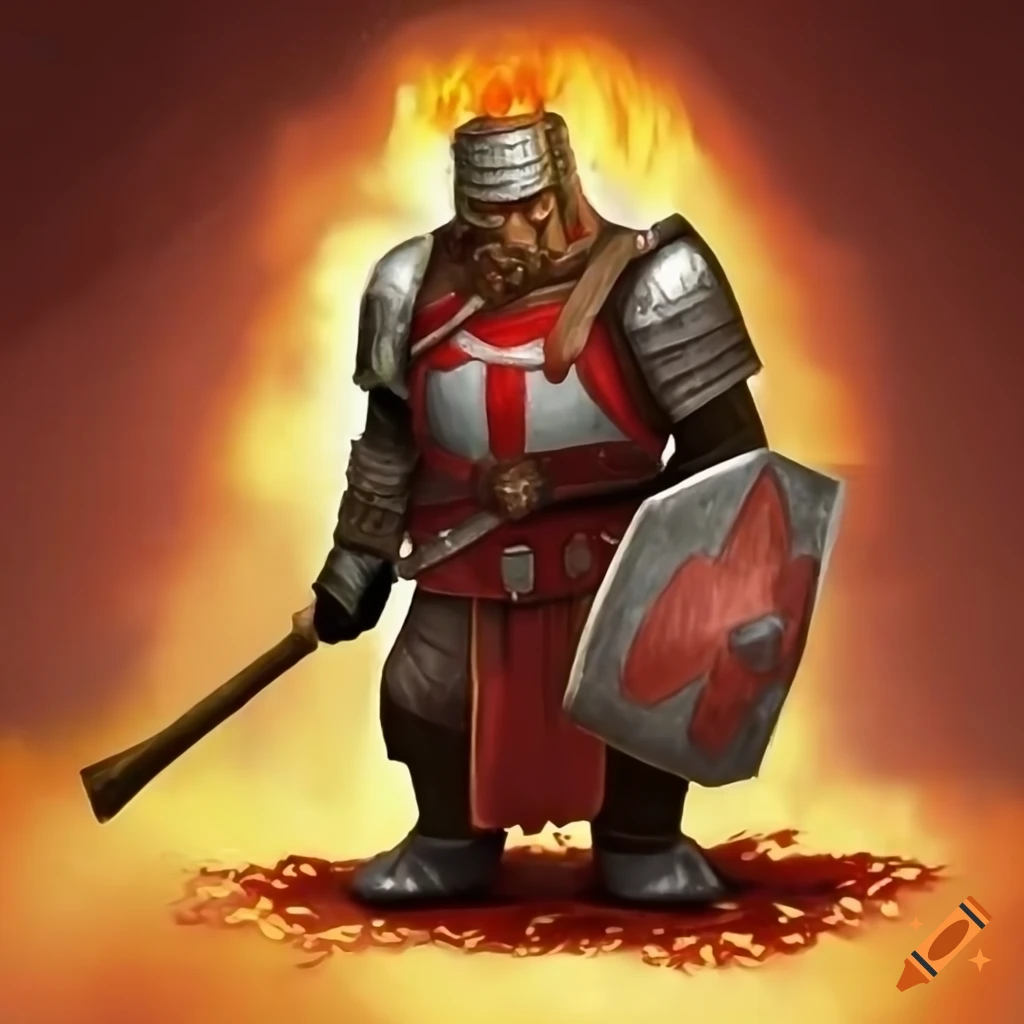 Image of a muscular dwarf templar with a shield and fiery hammer