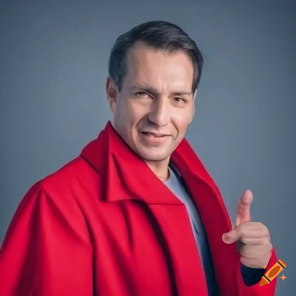 confident man giving a speech in a red coat