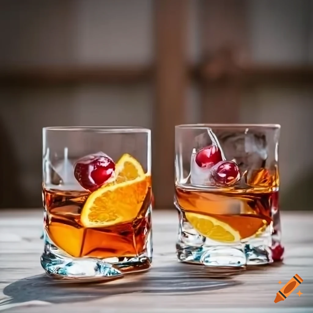 Cocktails with whiskey, cherries, and orange in crystal glasses on Craiyon