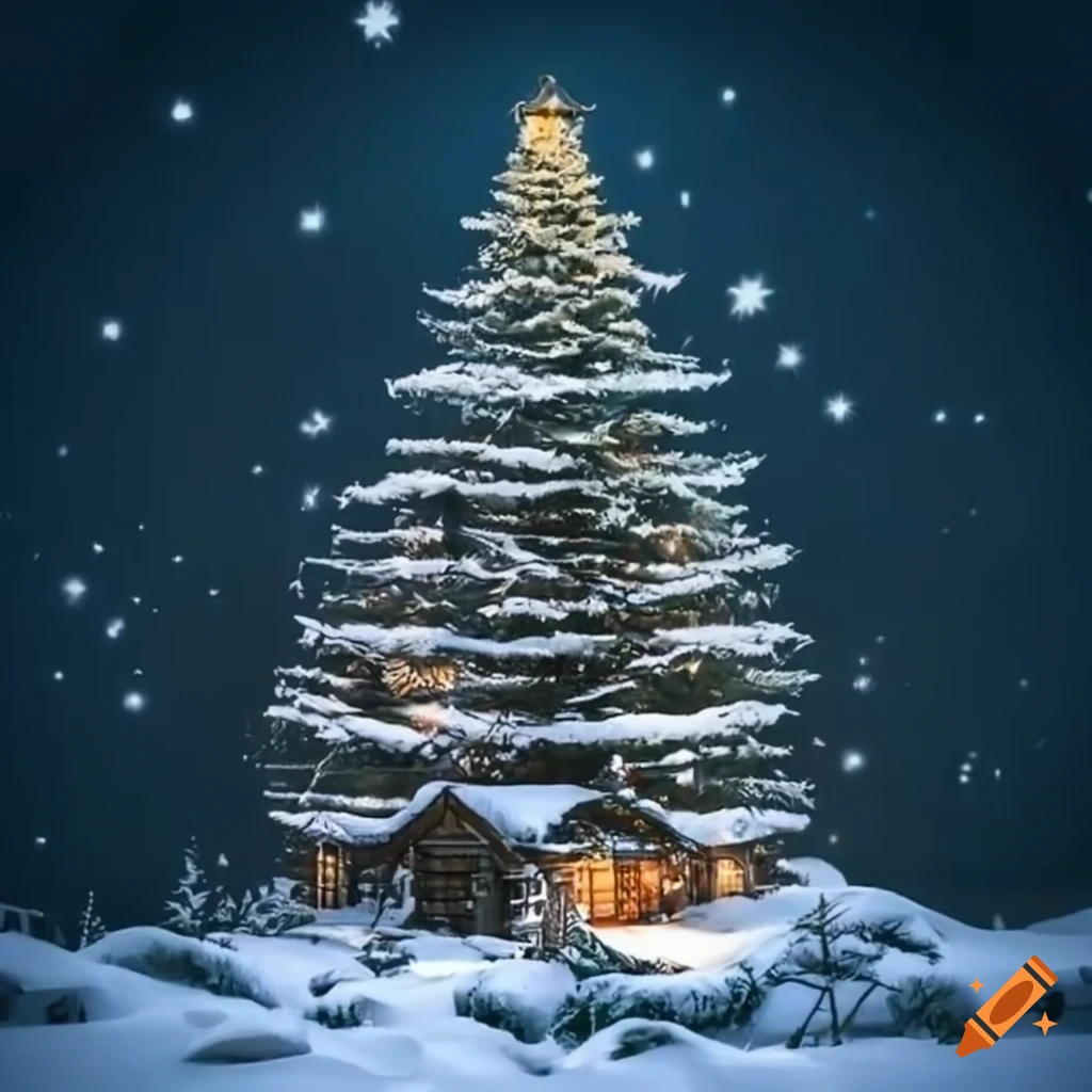 Leonardo da Vinci inspired winter wonderland with cabin and tree