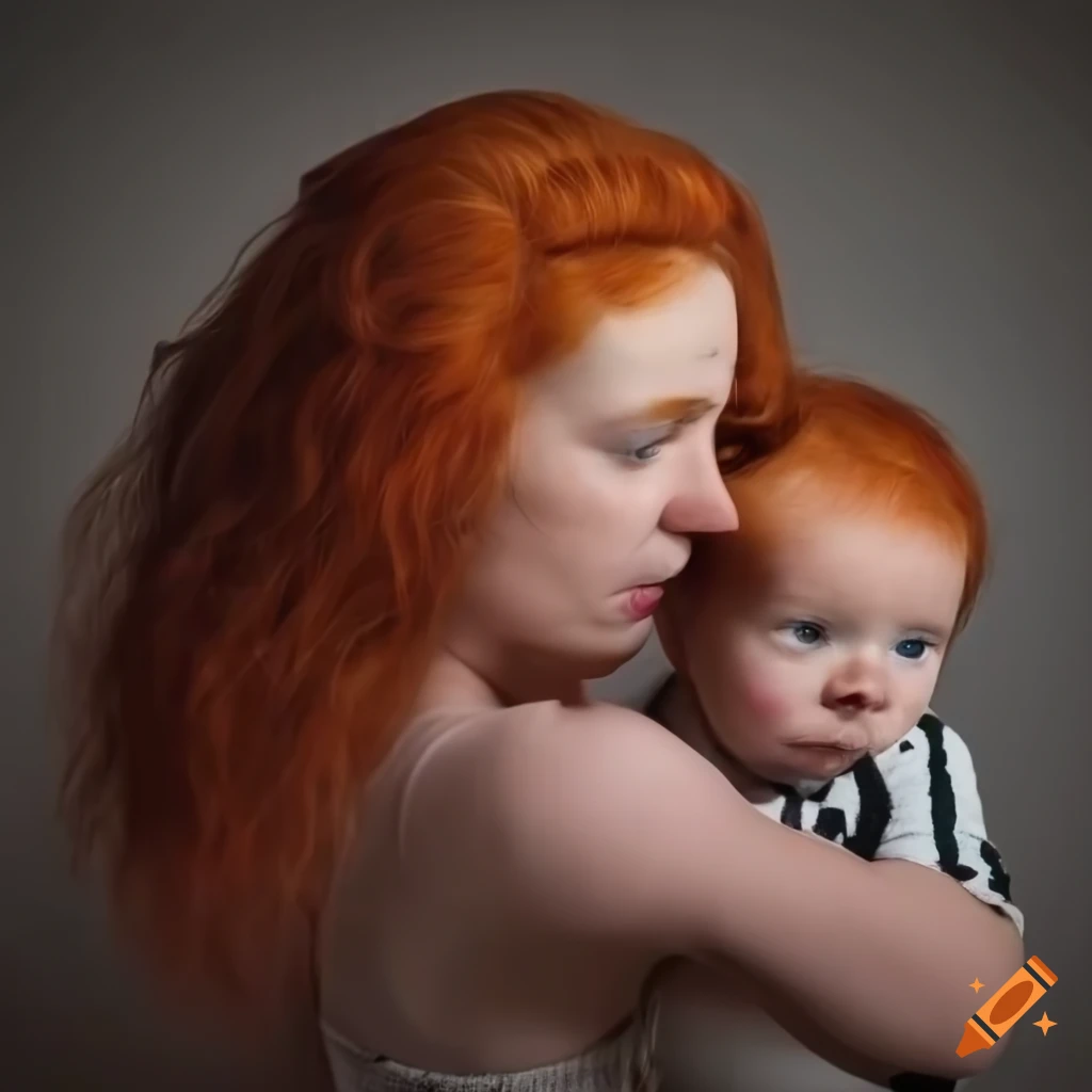 Emotive portrait of a redhaired mother with her child