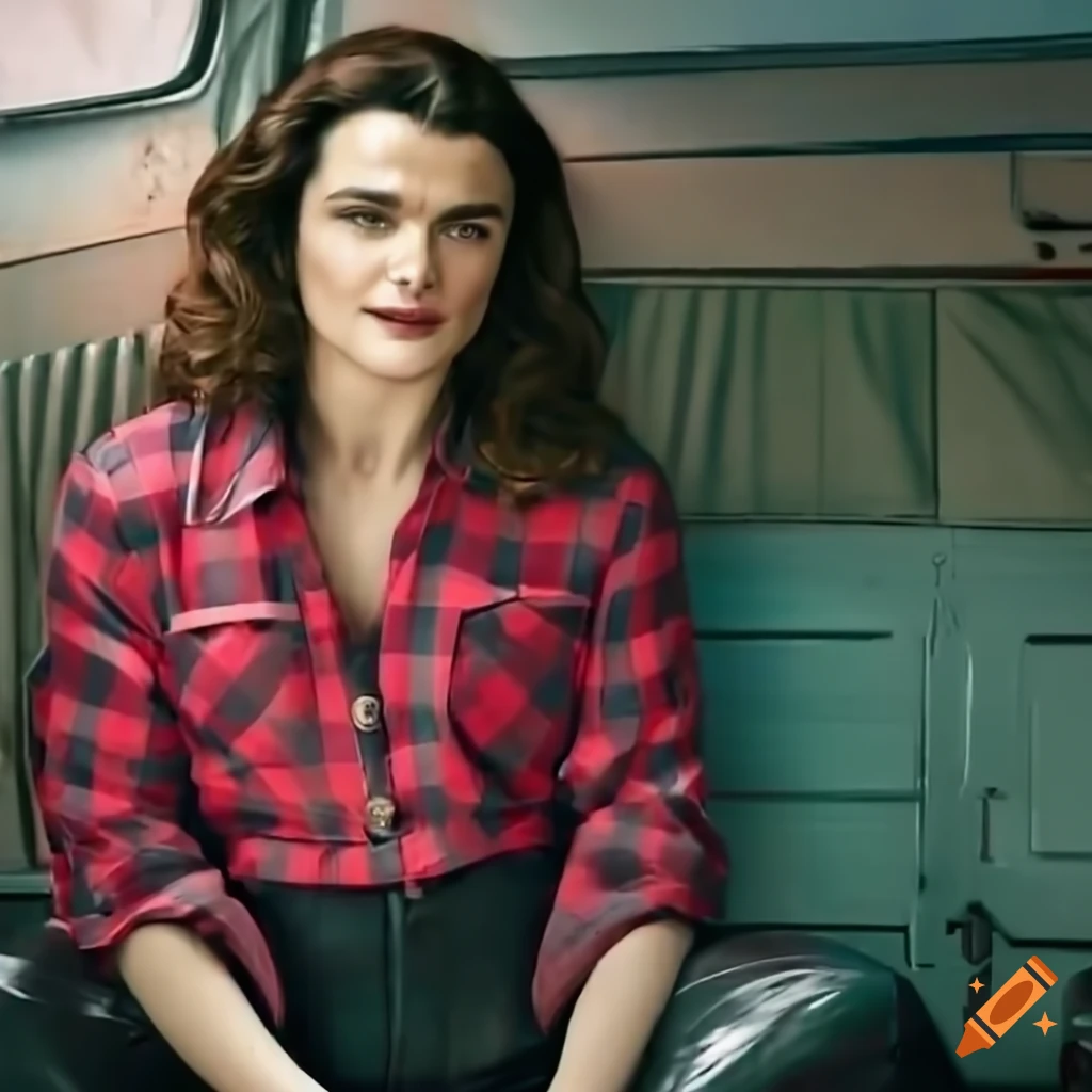 photorealistic image of a young woman in a red plaid shirt and black leather trousers