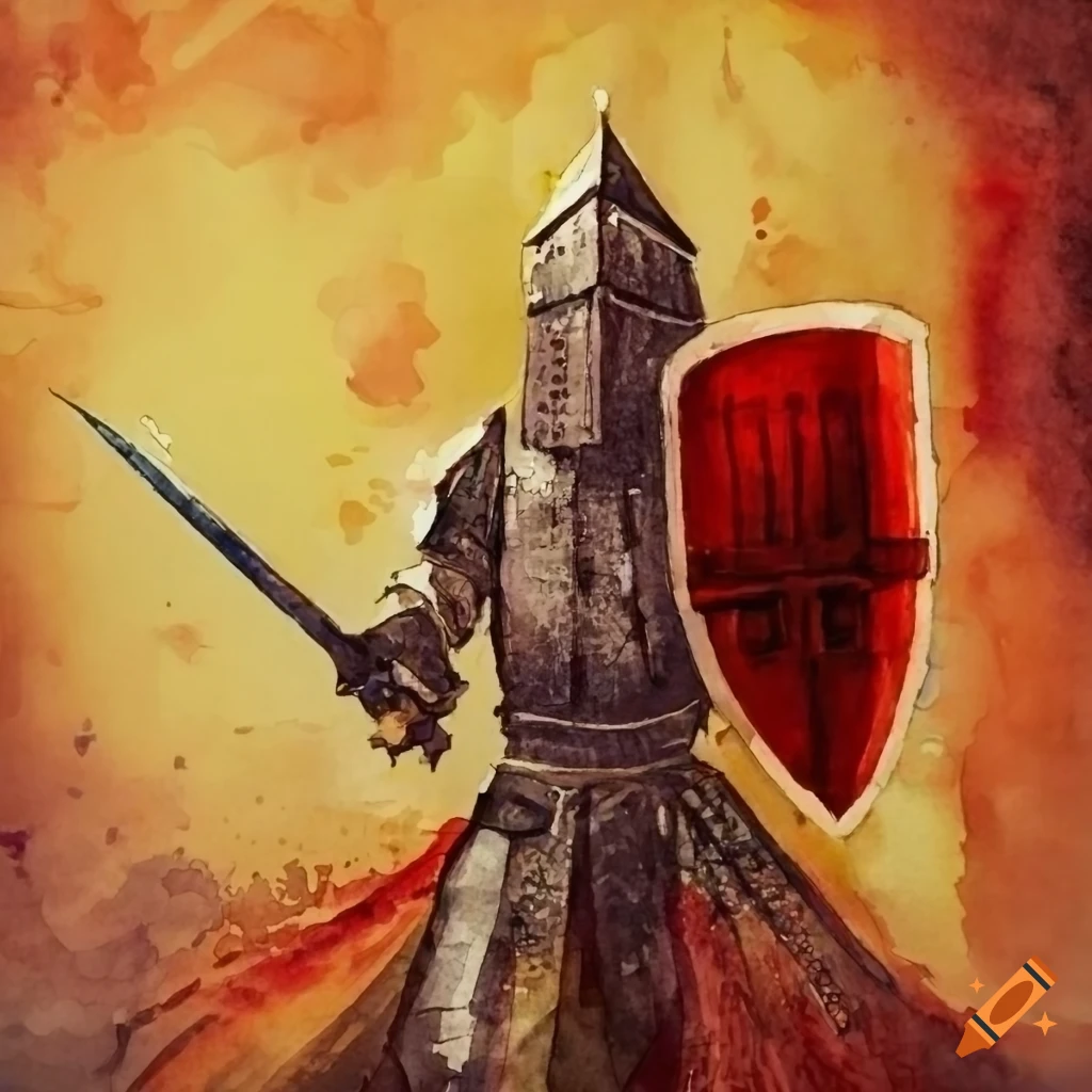 Ink and watercolor painting of a knight with red towers on his shield