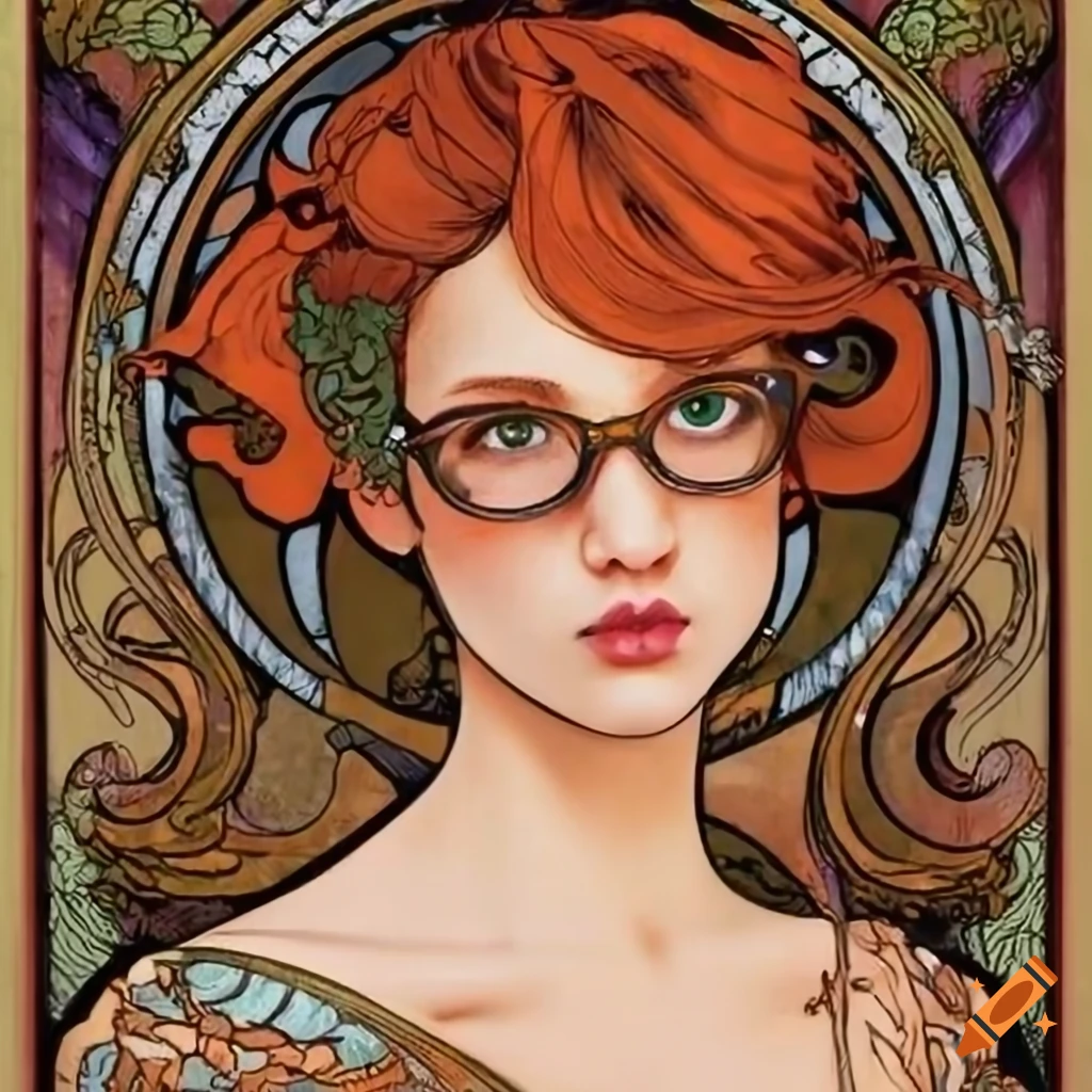 Girl with glasses inspired by mucha art on Craiyon