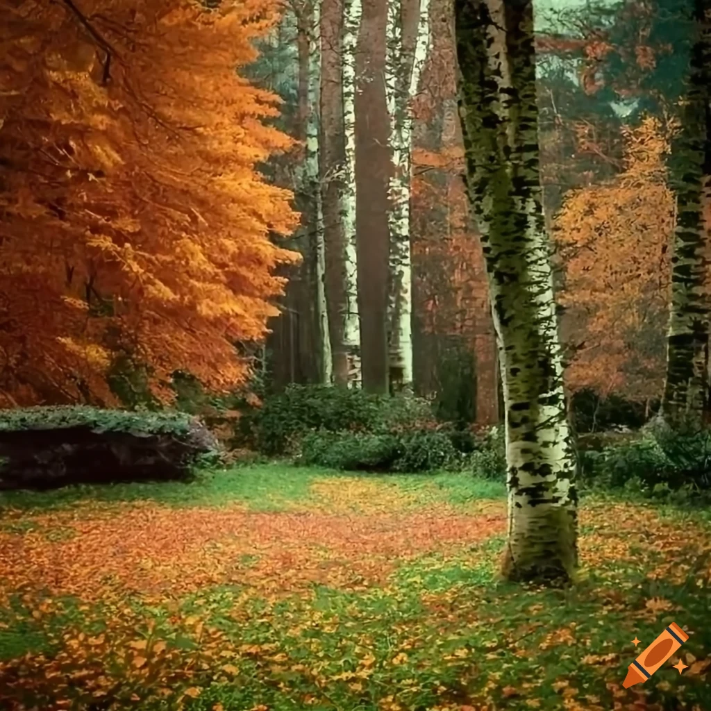 Autumn garden with flowers and trees