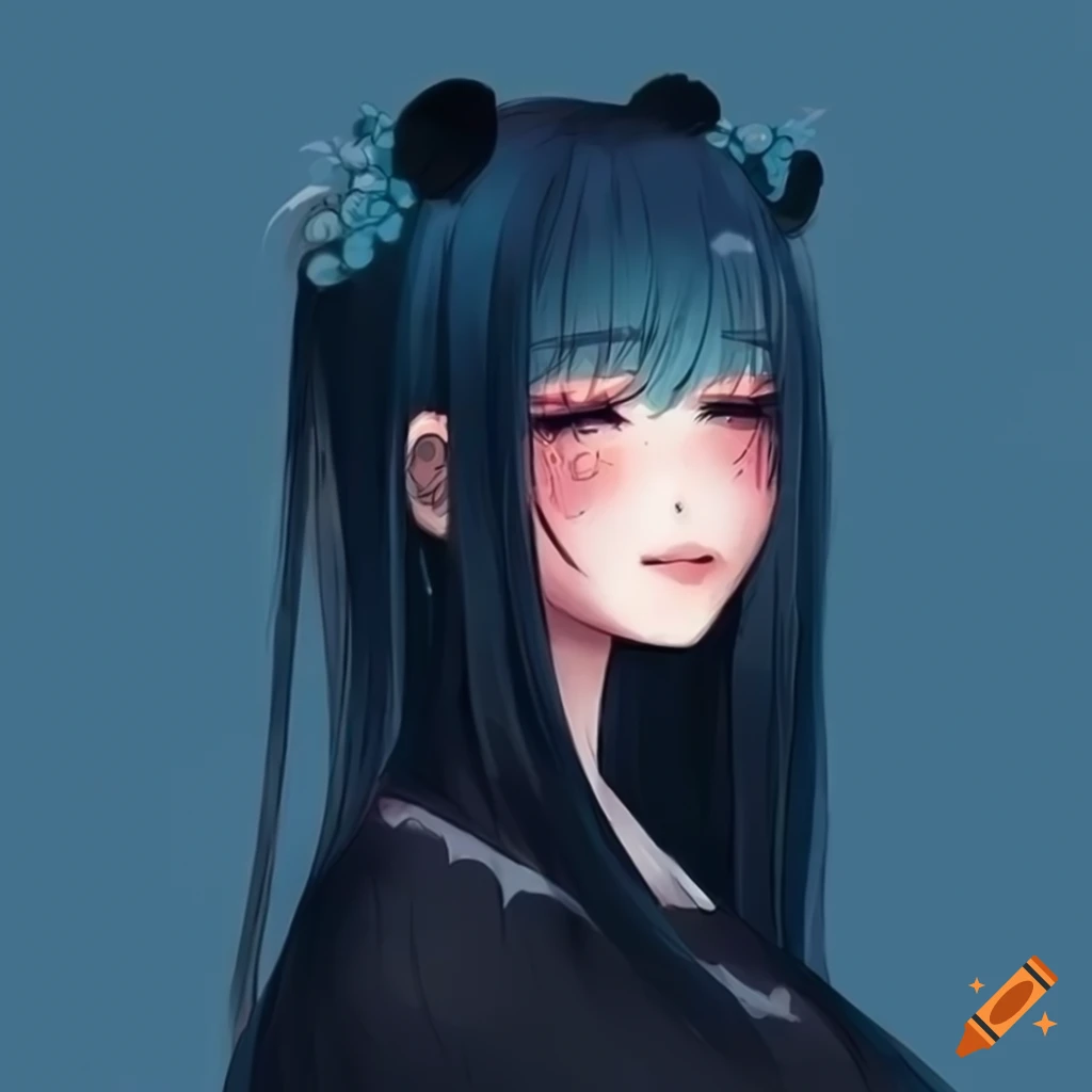 aesthetic anime panda woman with blue hair