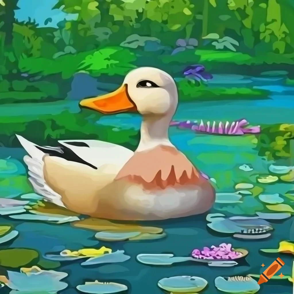 cartoon duck swimming in a lotus lake