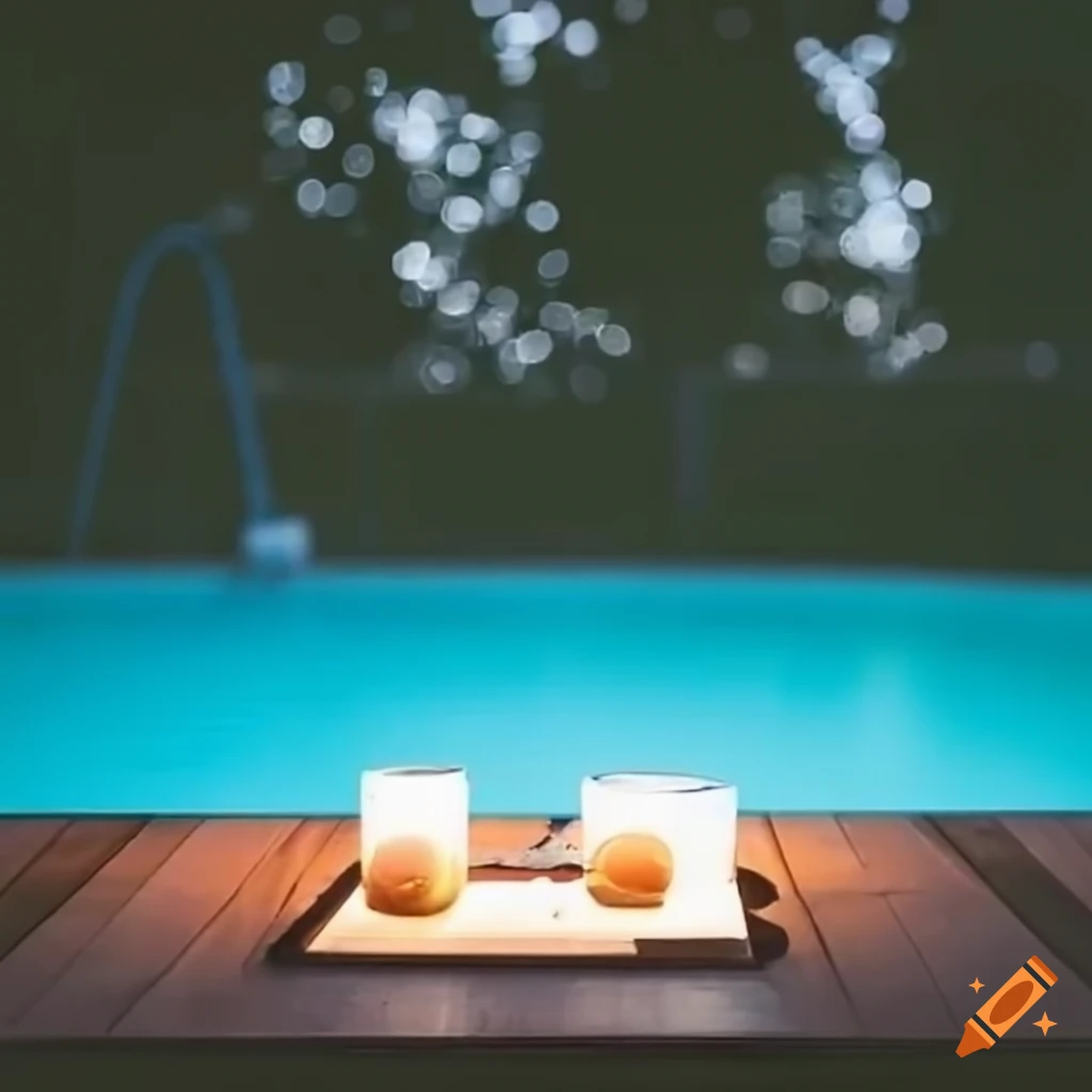 Night pool setup with lights, camera on wooden table on Craiyon