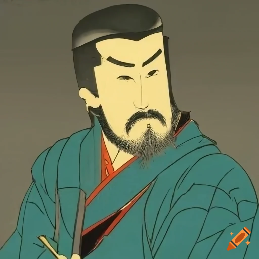 Ukiyo-e woodcut of sir gawain in a blue kimono
