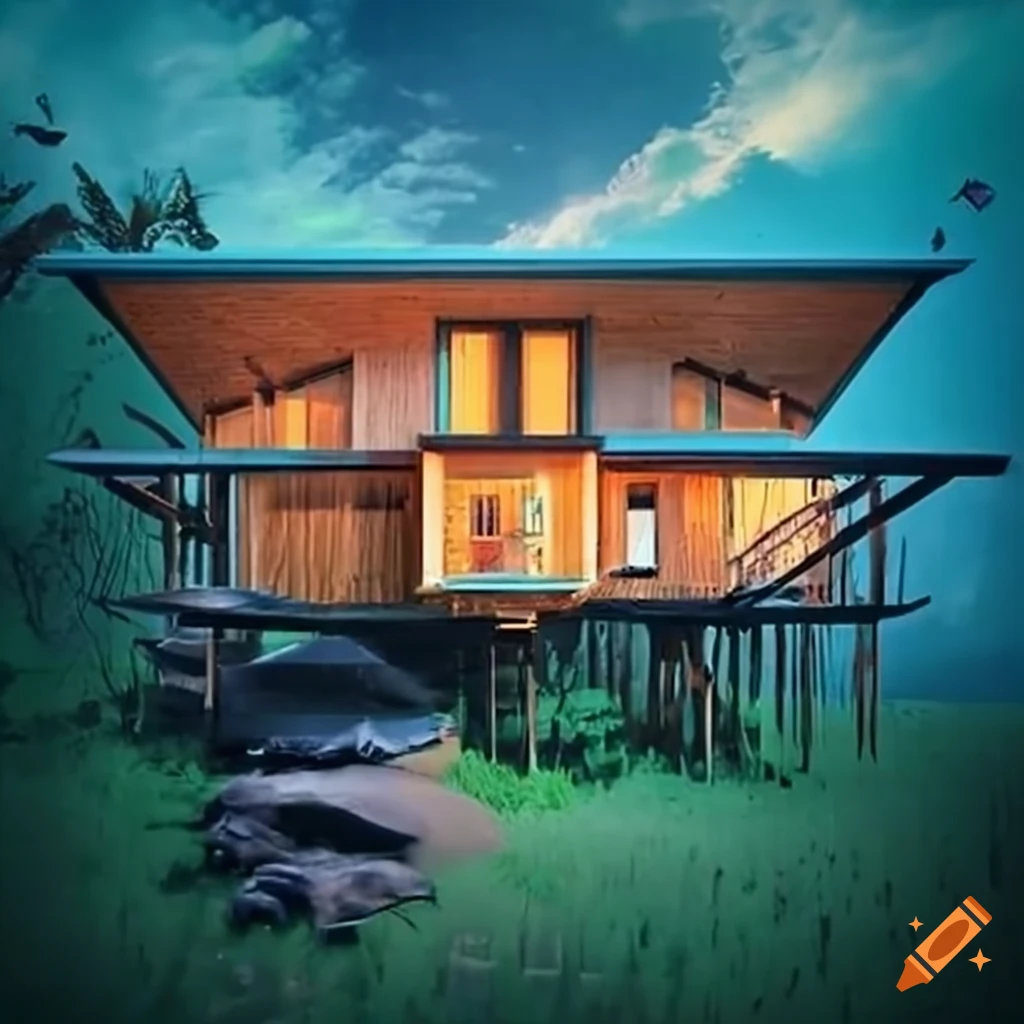 Ecofriendly house on a remote island between mountains