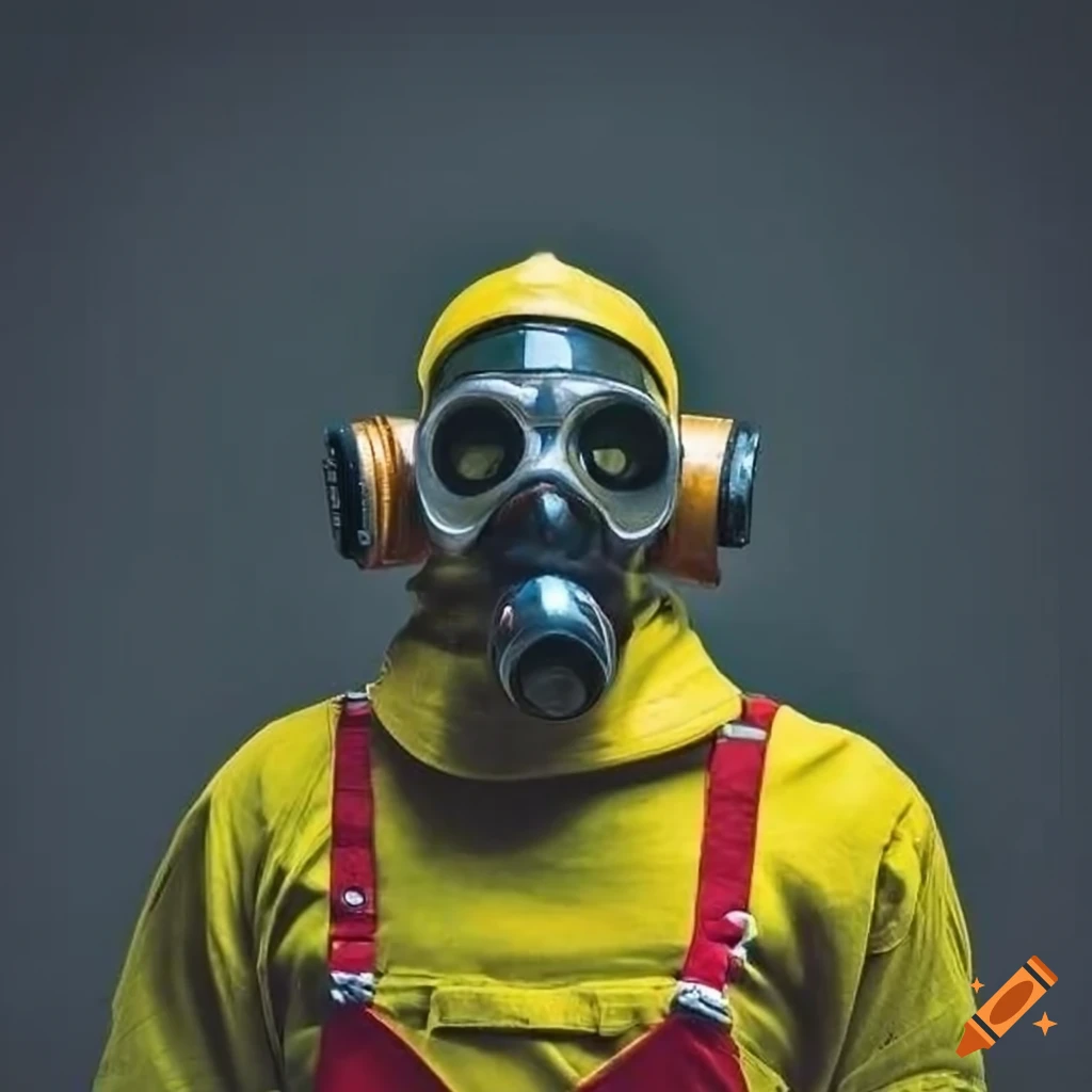 artwork of a colorful creature in a gas mask and unique outfit