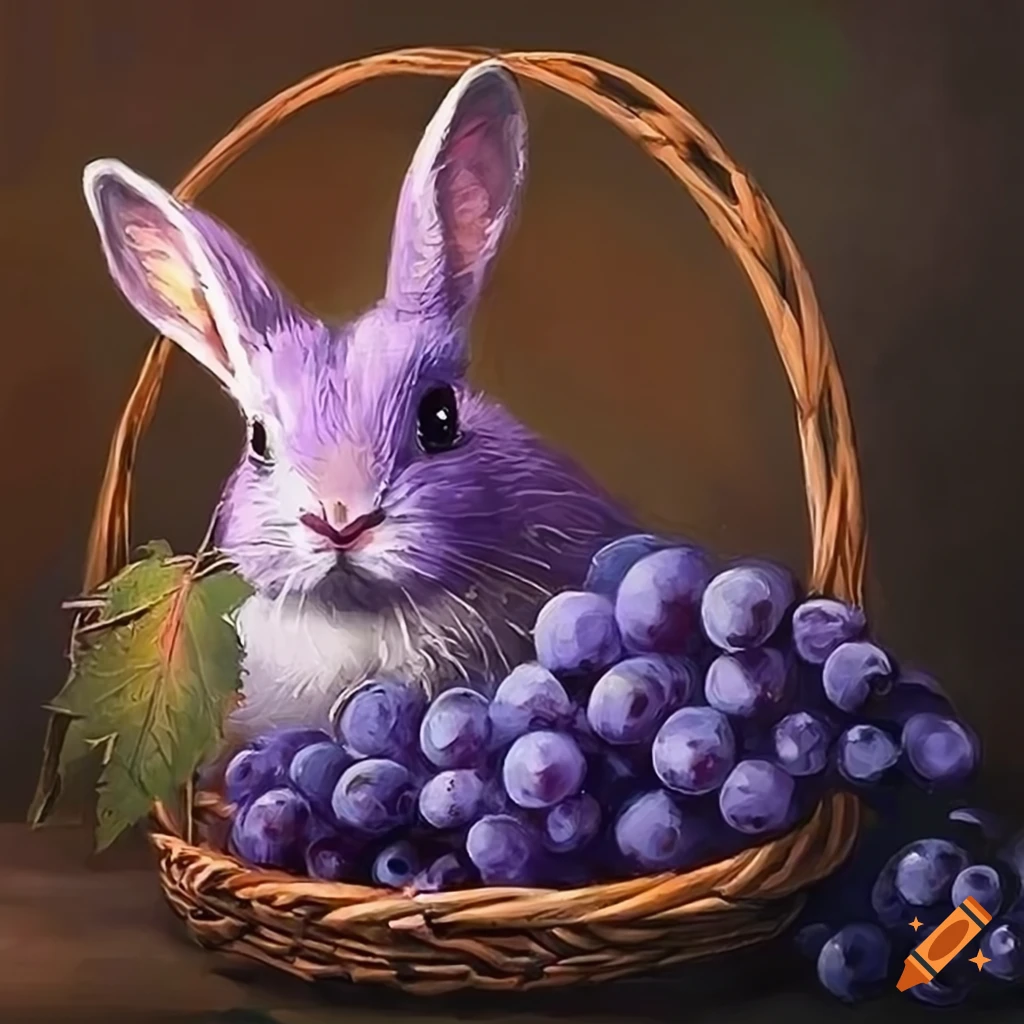 Oil painting of a purple bunny with grapes