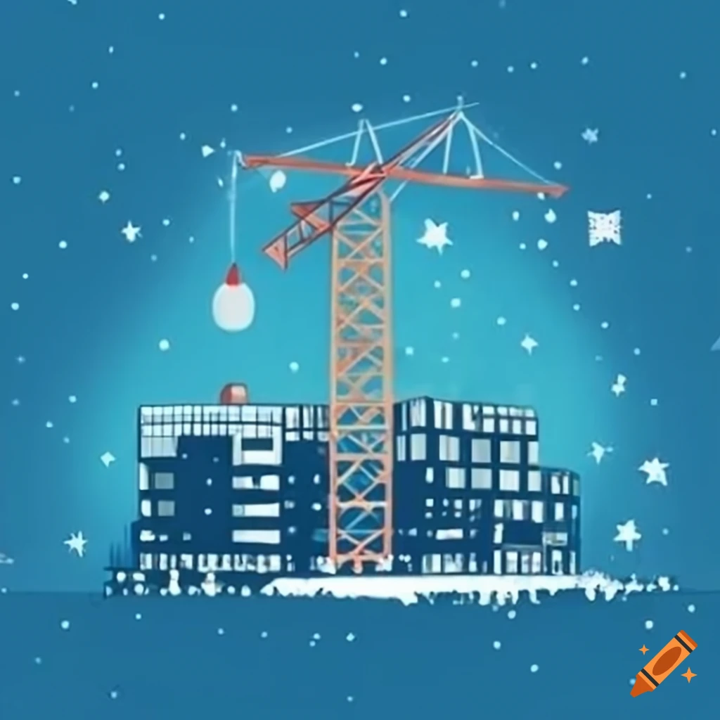 Handdrawn christmas card with a crane placing a tree on a building on