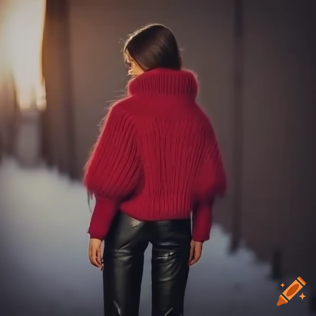 Portrait of a young woman in a red sweater and black leather trousers ...