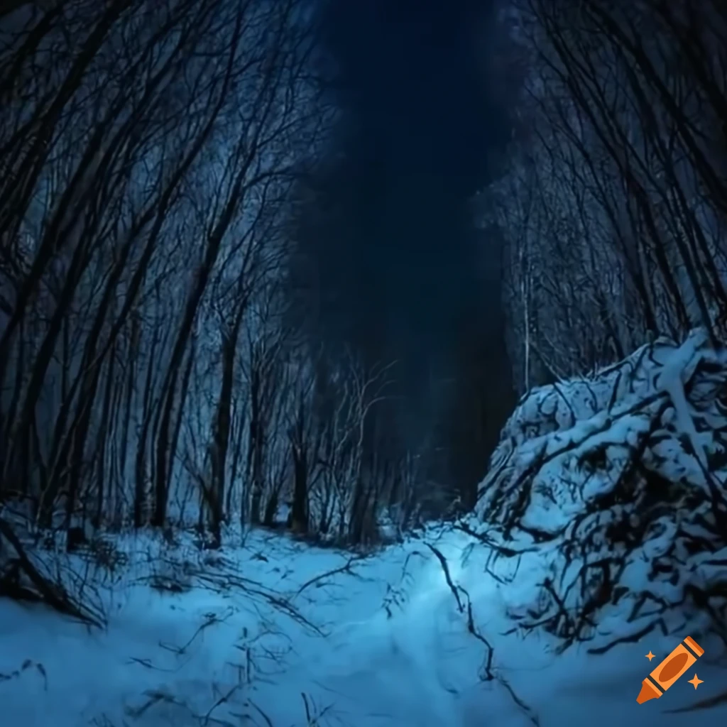 fisheye view of a winding path in a snowy forest