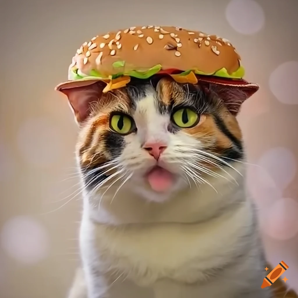 Calico cat wearing a cheeseburger hat