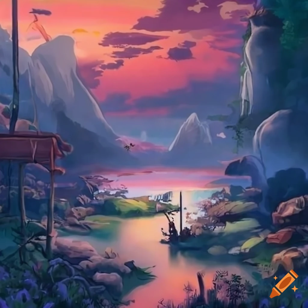 nature scene with Studio Ghibli vibes