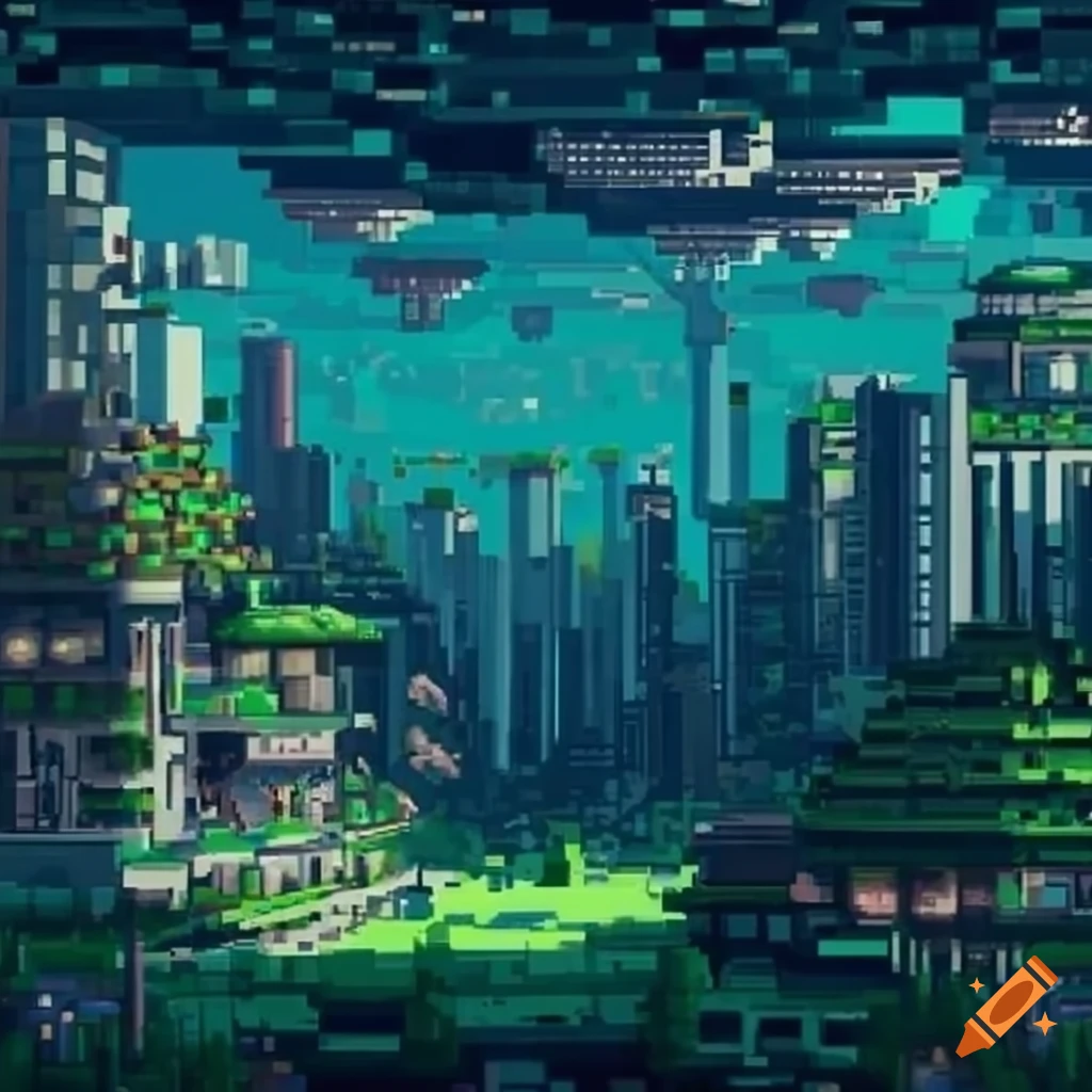 pixelart of a futuristic city in a forest