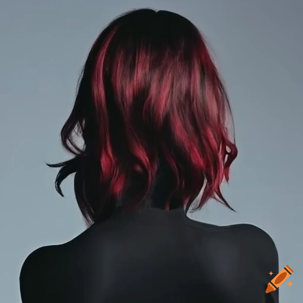 Woman portrait with long black to red ombre hair, from behind on Craiyon