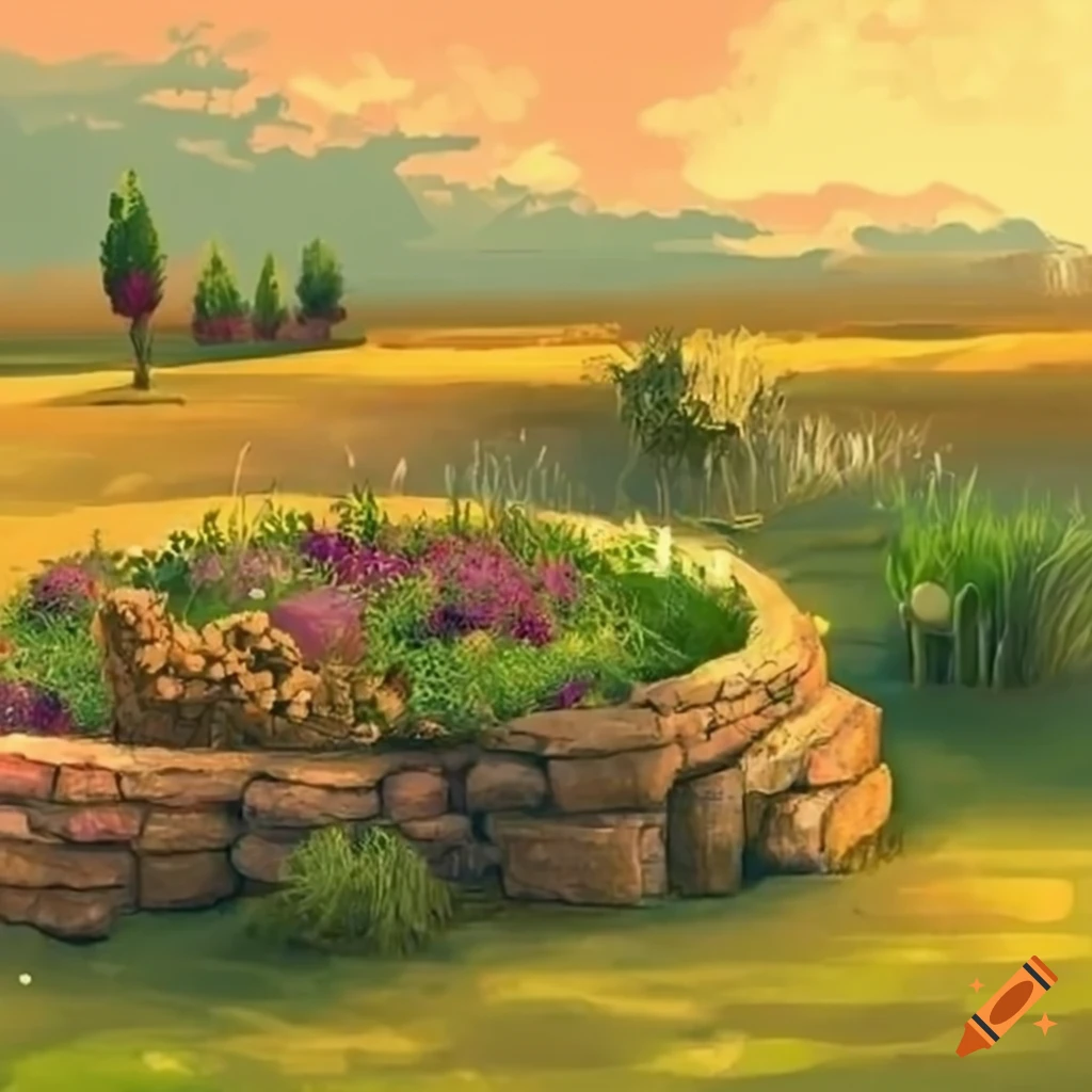 Transformed wasteland with beautiful flower beds and vegetable gardens