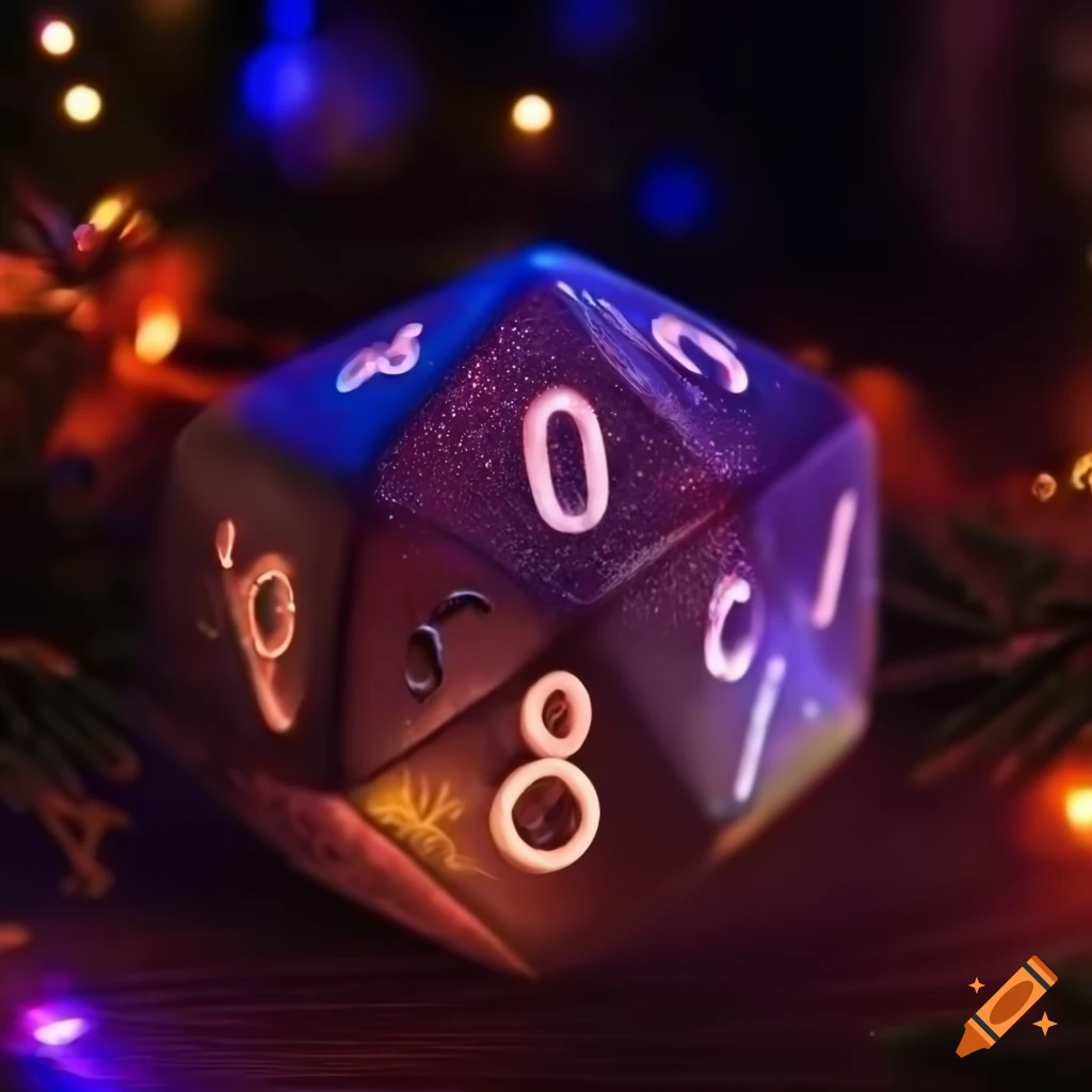 Dark christmas dice with lights and decorated tree on Craiyon