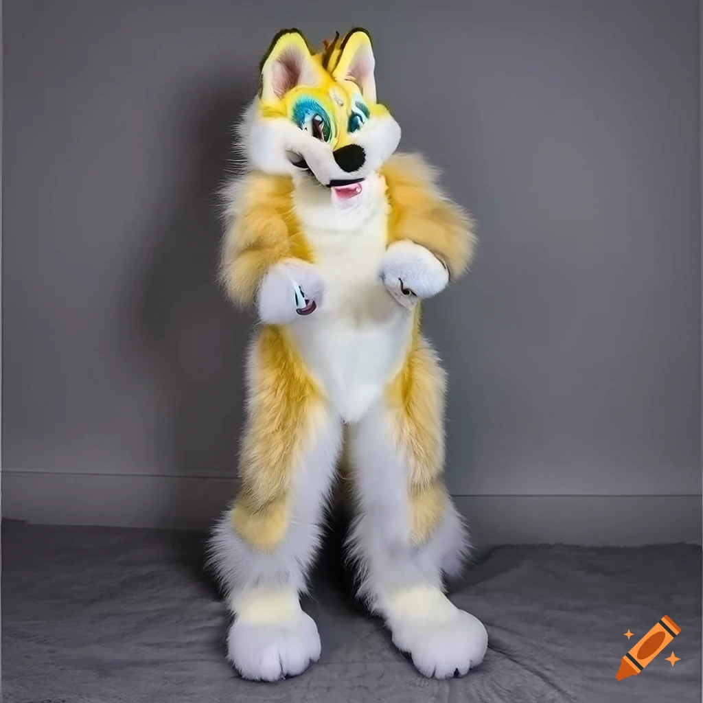 yellow husky fursuit with white patches and black markings
