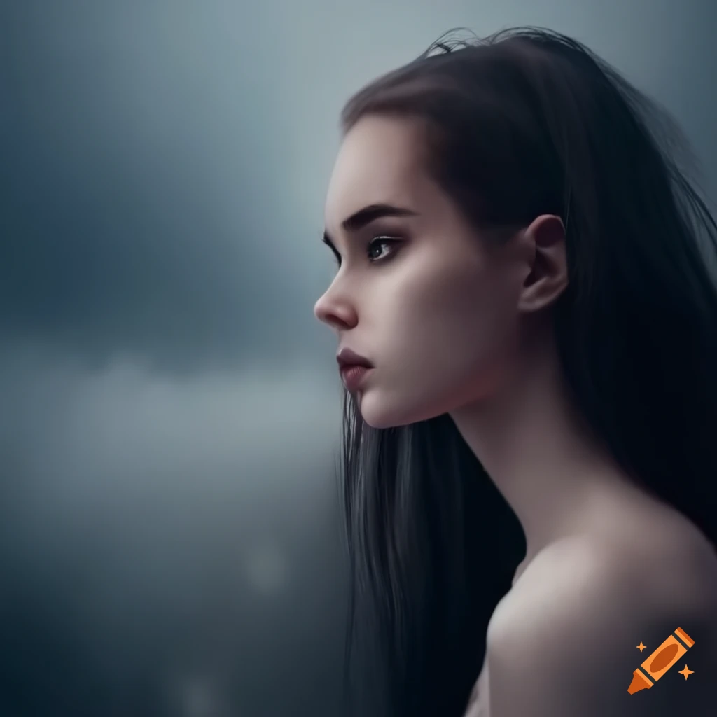 portrait of a woman with mountains and rain in the background
