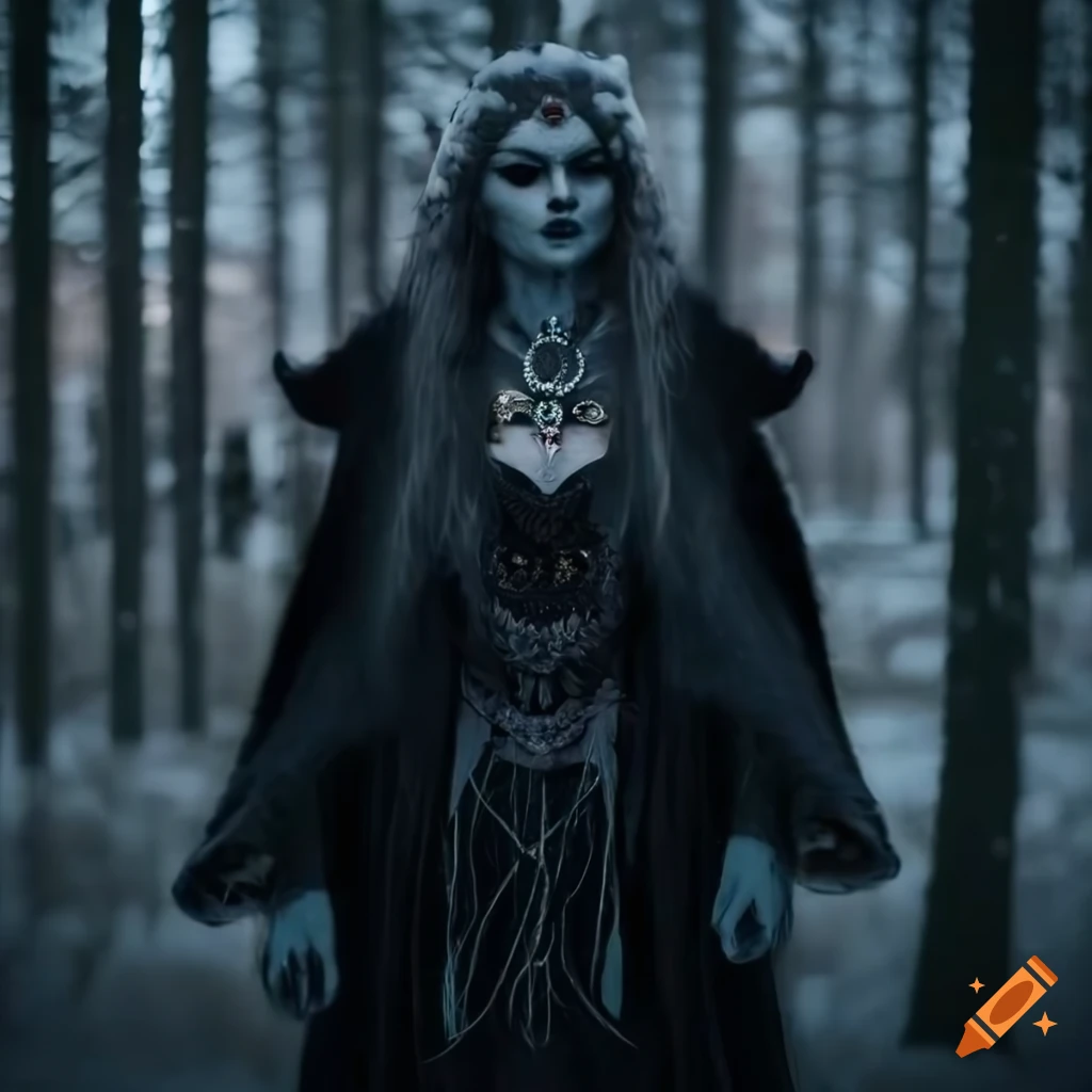 haunting image of a powerful queen in a snowy forest with a wolf