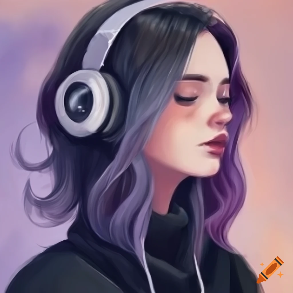 hand-drawn cute androgynous gamer with purple and grey hair