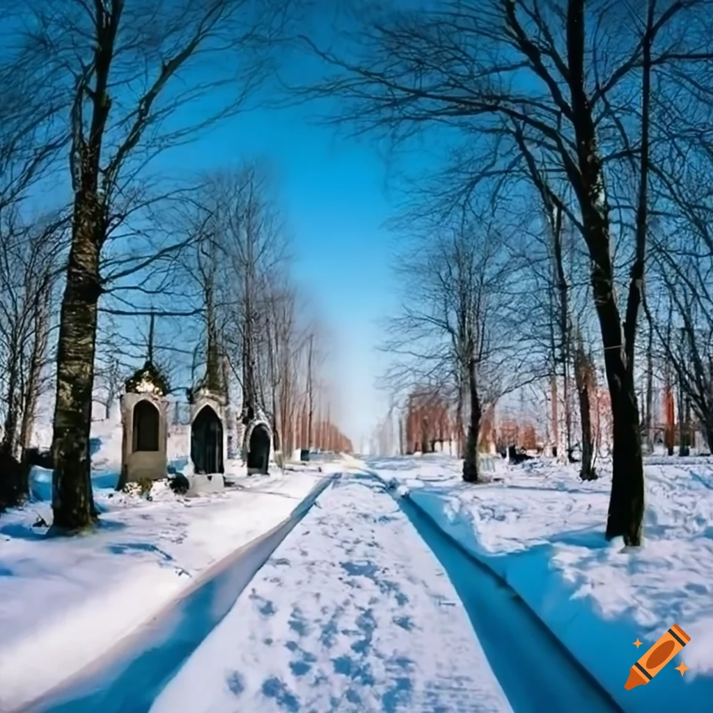 fisheye view of a snowy cemetery path