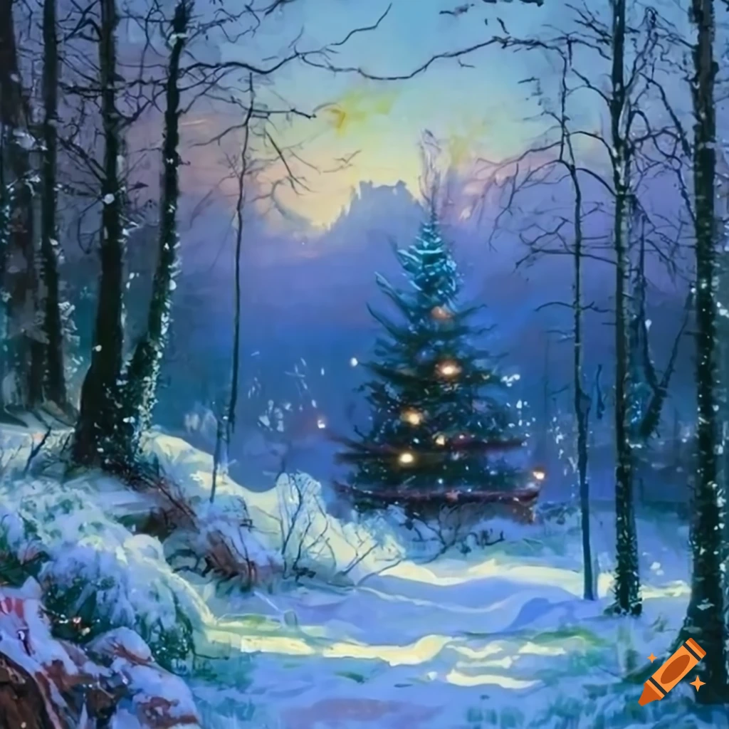 Painting Of Christmas Trees In A Snowy Forest On Craiyon