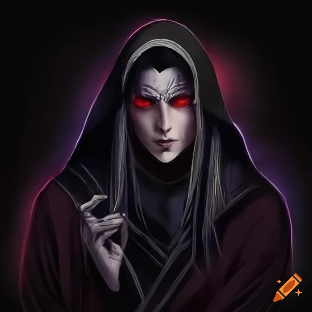 dark magician with black hair and red eyes holding a scepter