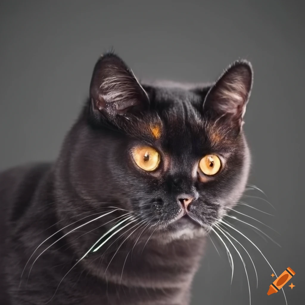 Black british shorthair cat with orange eyes on Craiyon