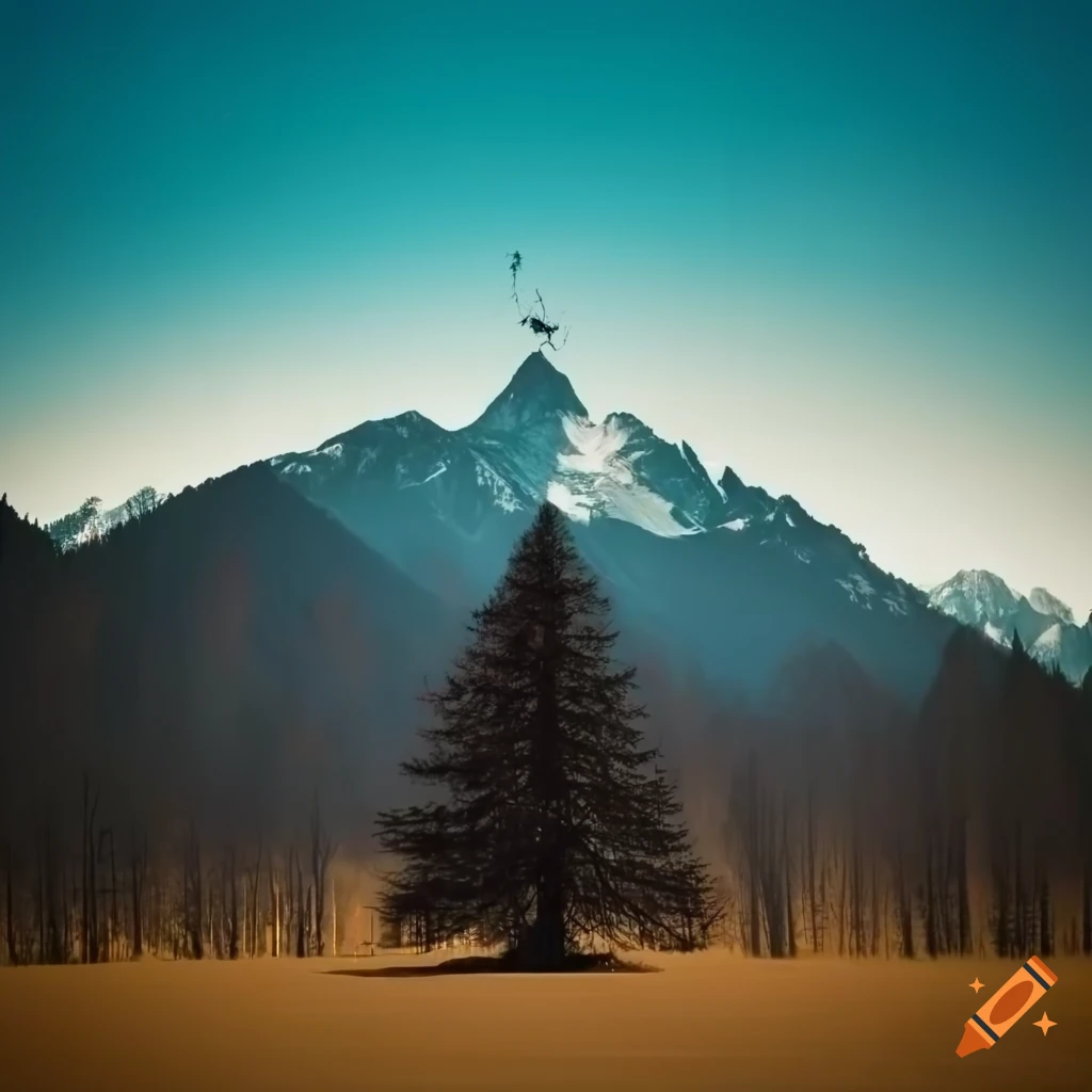 Photo of a lone fir tree in front of majestic mountains on Craiyon