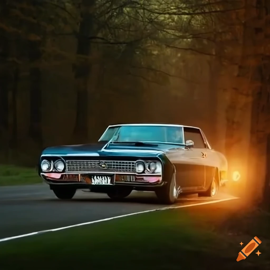 1968 Chevrolet Impala on misty tree-lined road